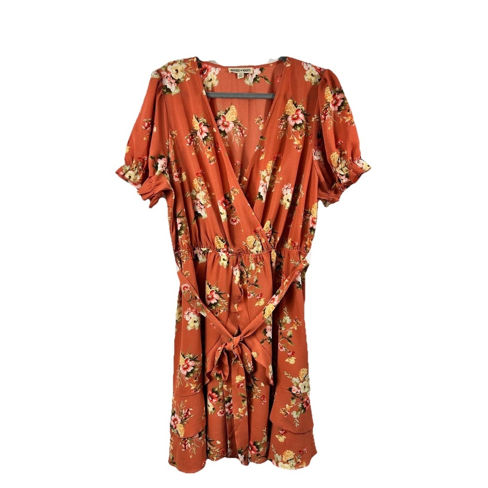 Inspired Hearts 2X Rust Floral Faux Wrap Mini Dress Boho Cottagecore Ruffle Hem